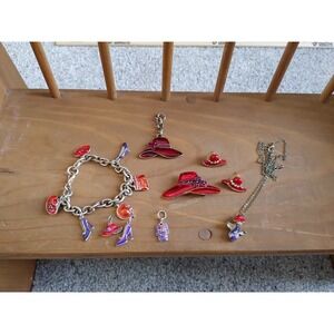 Mixed Lot Red Hat Society Jewelry Necklace Brooch Costume Stud Angel Charms Rhin